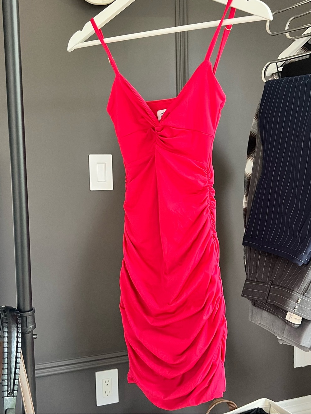 Oh Polly Hot Pink Ruched Spaghetti Strap Mini Dress